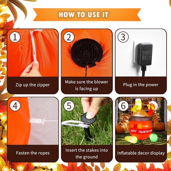 🆕6FT Inflatables Pumpkin Turkey LED Blow Up Thanksgiving Outdoor Decoration - Picture 7 of 11